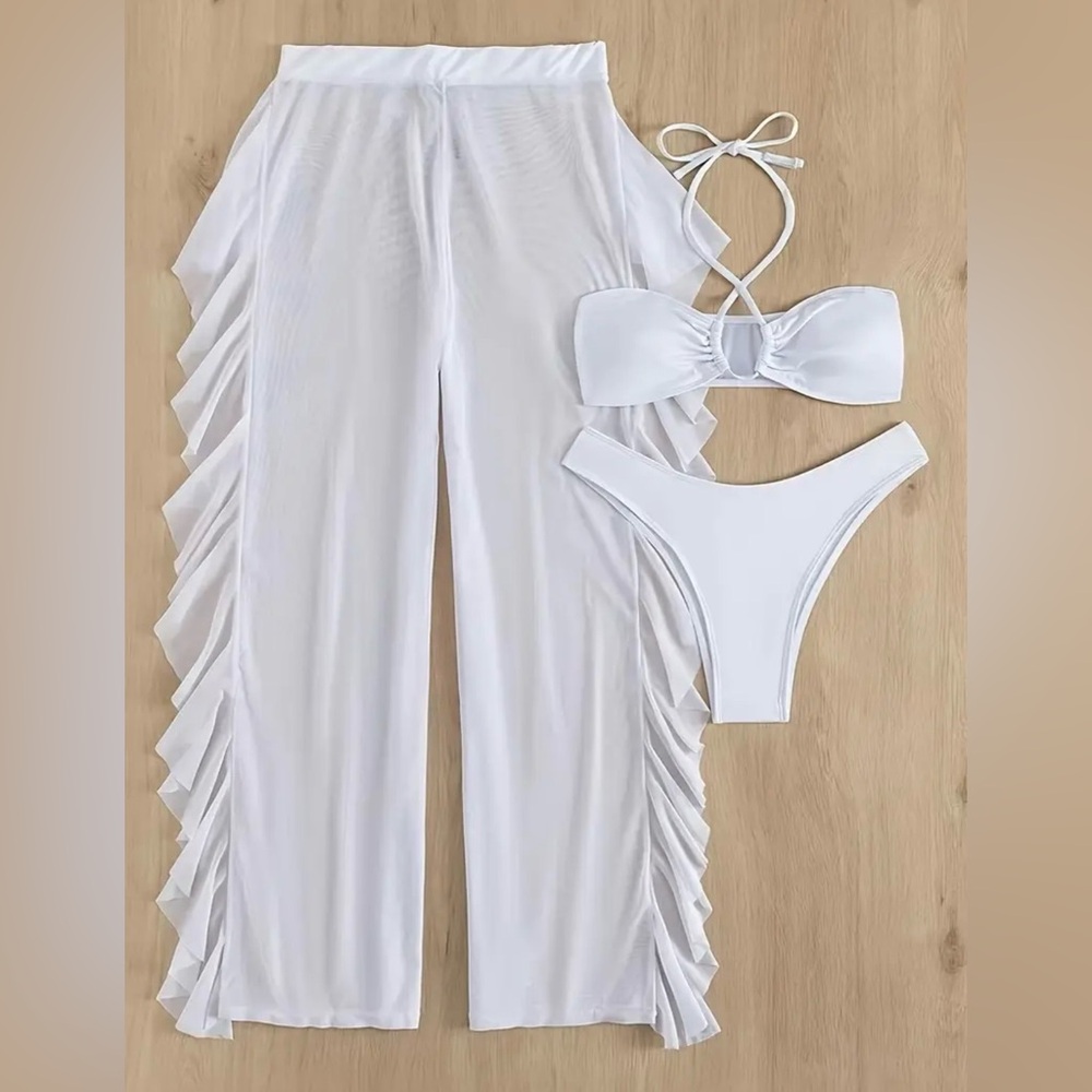 3pc White Crisscross Top Bikini Set with Sheer Mesh Ruffle Cover-Up Pants - Picture 2 of 12